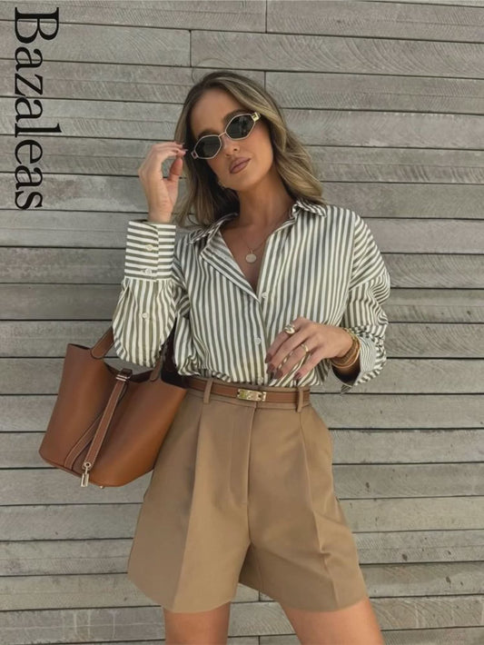 Loose Green Stripe Blouse - Casual Women's Fashion | Versatile Fit