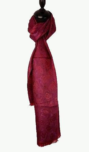 Close-up of red and burgundy paisley pattern on 100% silk scarf