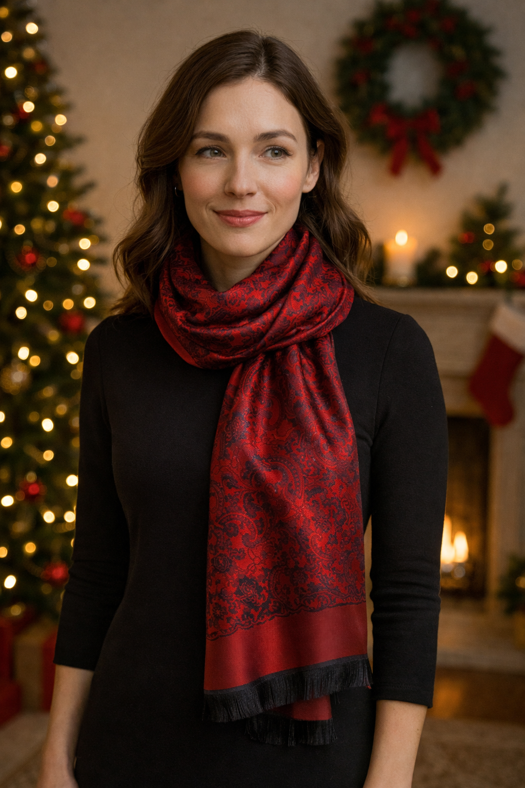 Red silk scarf styled as an elegant women's shawl