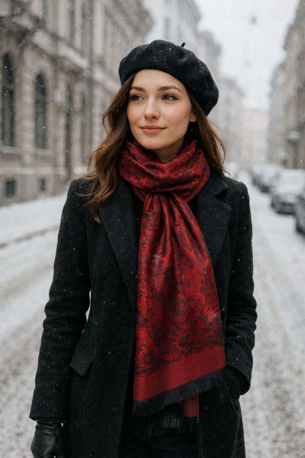 Woman wearing a red silk paisley shawl