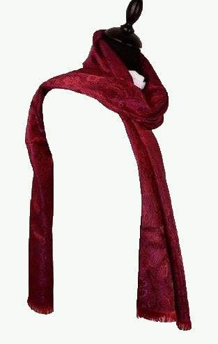 Full view of red paisley silk scarf with patterned design