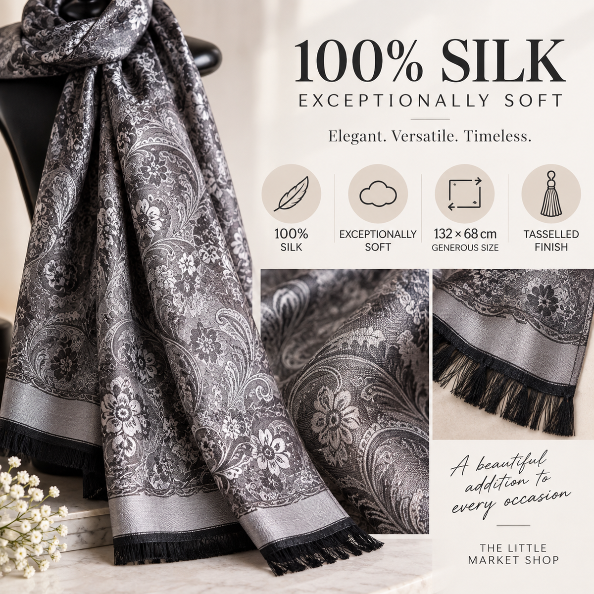 Grey Silk Paisley Scarf & Shawl for Women