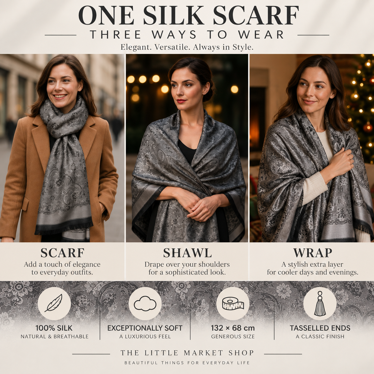 Grey Silk Paisley Scarf & Shawl for Women