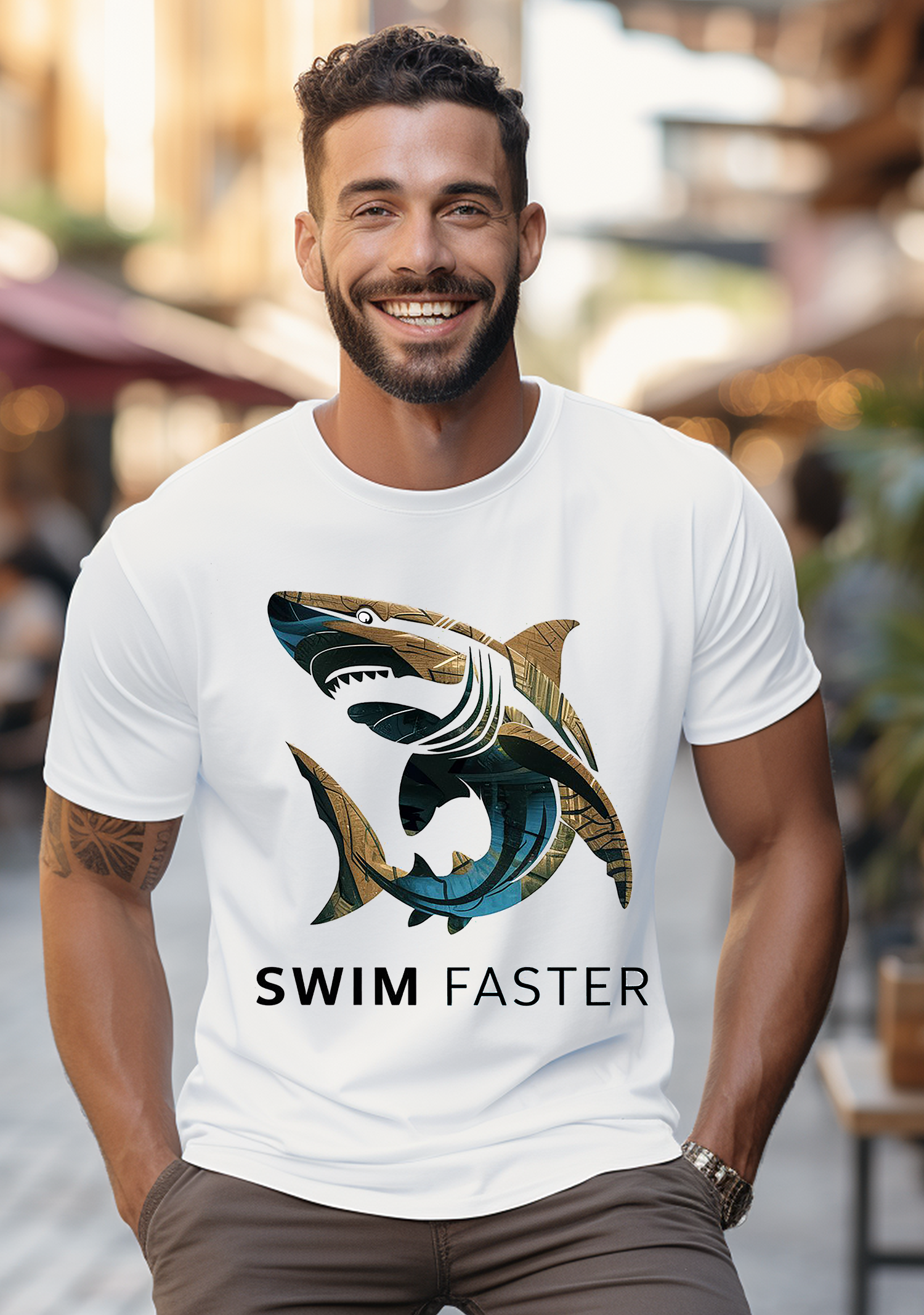Shark logo design " Swim Faster " Men's classic tee - The Little Market Shop