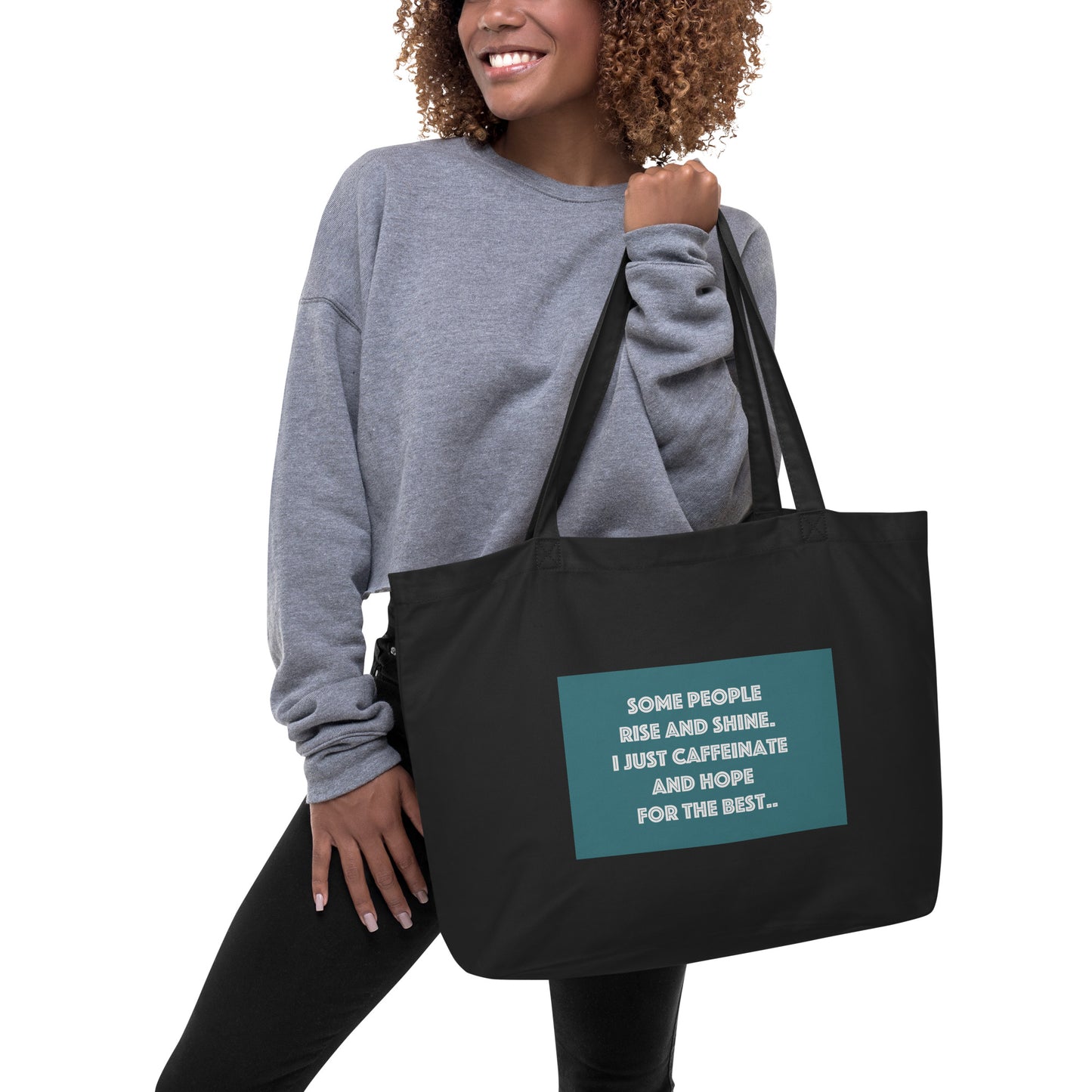 Rise and Shine Coffee Inspired design Large organic tote bag Elevate Your Style with Caffeine Chic - The Little Market Shop