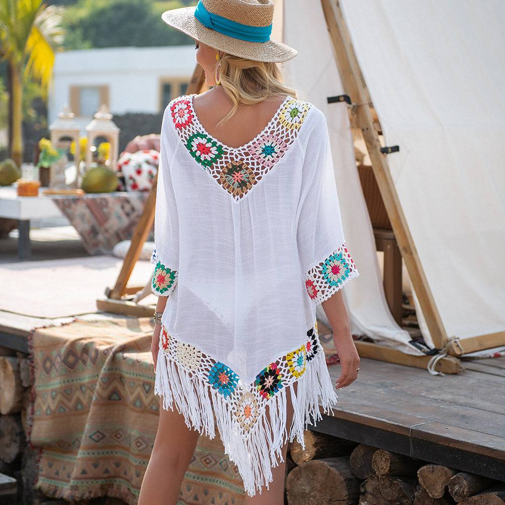 Get Beach-Ready Elegance with a White Bikini Cover Up featuring Stylish Fringe Trim FREE SHIPPING - The Little Market Shop
