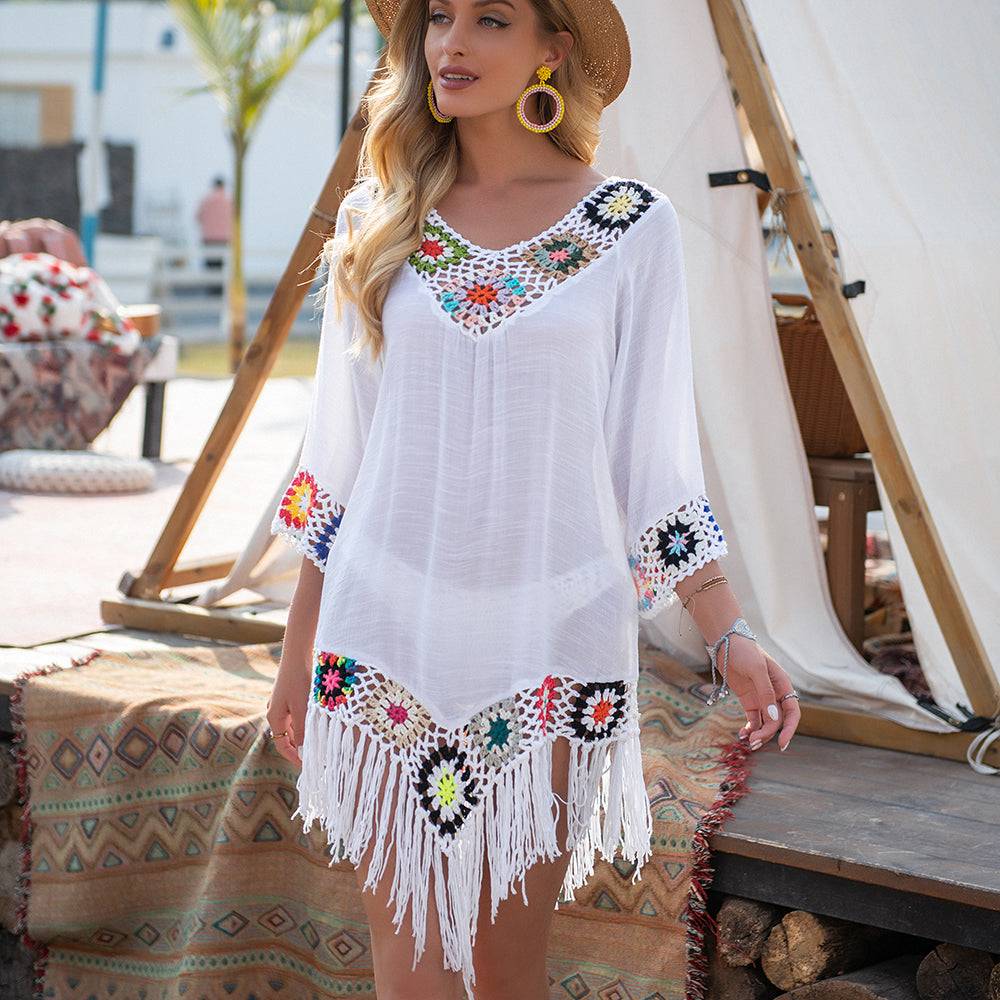 Get Beach-Ready Elegance with a White Bikini Cover Up featuring Stylish Fringe Trim FREE SHIPPING - The Little Market Shop