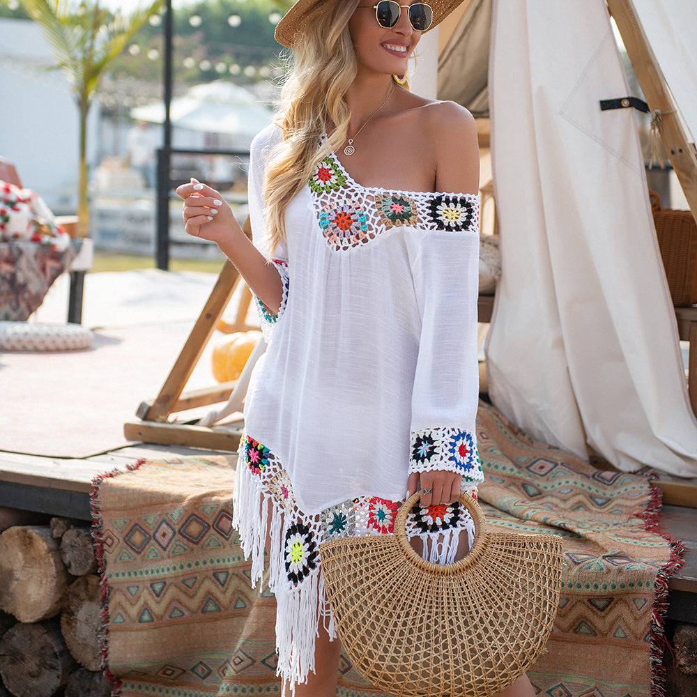 Get Beach-Ready Elegance with a White Bikini Cover Up featuring Stylish Fringe Trim FREE SHIPPING - The Little Market Shop