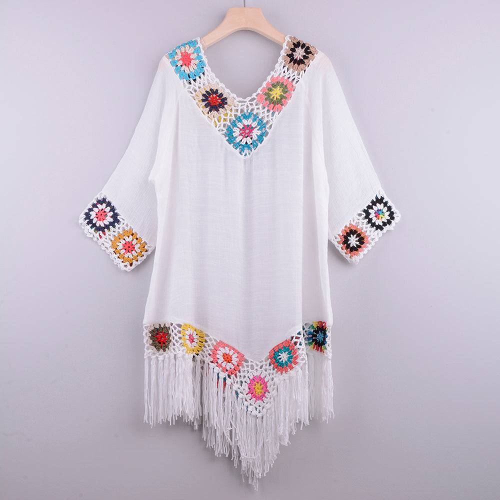 Get Beach-Ready Elegance with a White Bikini Cover Up featuring Stylish Fringe Trim FREE SHIPPING - The Little Market Shop